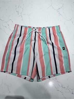 Men's Striped Swim Trunks in Coral & Mint